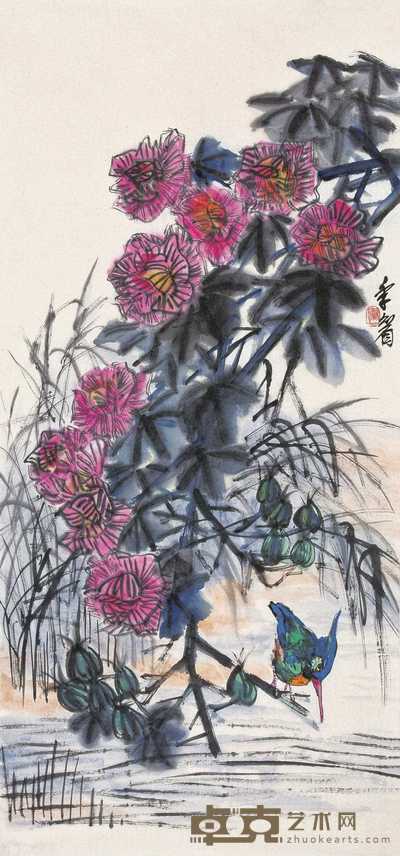 王传焘 芙蓉翠鸟 镜心 97×45cm